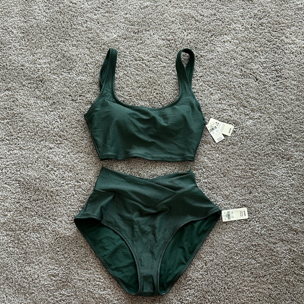 Aerie Shine Rib Crossover High Waisted Bikini Bottom & Top. Size Small. NWT